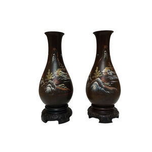 Vtg Hand-painted Chinese Fuzhou Lacquer Vases